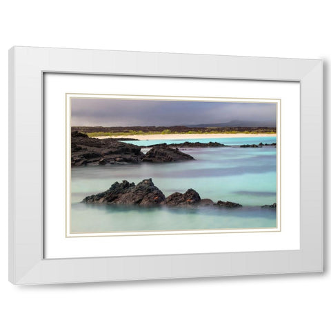 Lava rocks along tranquil shoreline of San Cristobal Island-Galapagos-Ecuador White Modern Wood Framed Art Print with Double Matting by Jones, Adam