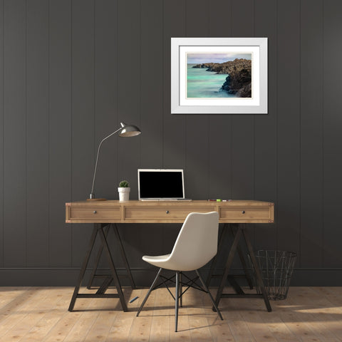 Lava rocks along tranquil shoreline of San Cristobal Island-Galapagos-Ecuador White Modern Wood Framed Art Print with Double Matting by Jones, Adam