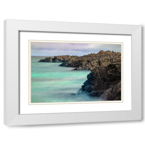 Lava rocks along tranquil shoreline of San Cristobal Island-Galapagos-Ecuador White Modern Wood Framed Art Print with Double Matting by Jones, Adam