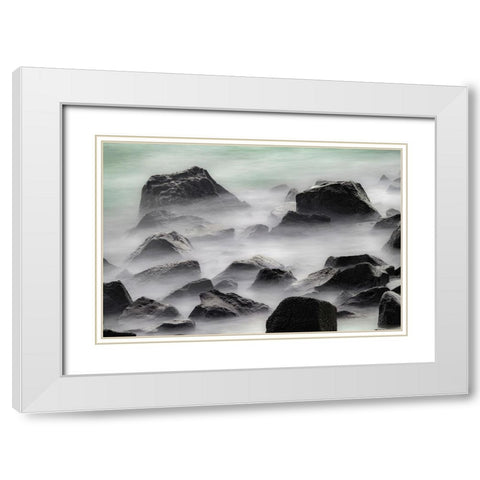 Waves crashing over lava rocks on shoreline of Espanola Island-Galapagos Islands-Ecuador White Modern Wood Framed Art Print with Double Matting by Jones, Adam