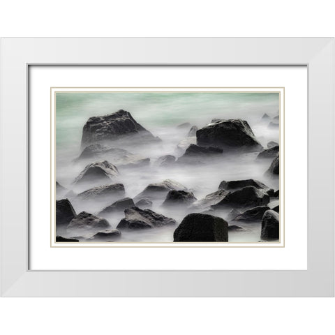 Waves crashing over lava rocks on shoreline of Espanola Island-Galapagos Islands-Ecuador White Modern Wood Framed Art Print with Double Matting by Jones, Adam