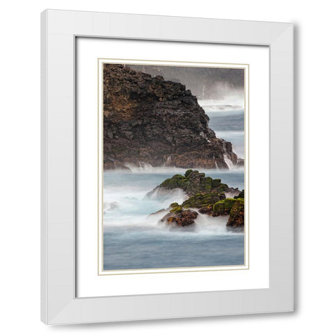 Waves crashing over lava rocks on shoreline of Espanola Island-Galapagos Islands-Ecuador White Modern Wood Framed Art Print with Double Matting by Jones, Adam