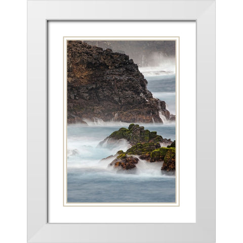 Waves crashing over lava rocks on shoreline of Espanola Island-Galapagos Islands-Ecuador White Modern Wood Framed Art Print with Double Matting by Jones, Adam