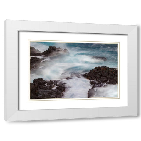 Waves crashing over lava rocks on shoreline of Espanola Island-Galapagos Islands-Ecuador White Modern Wood Framed Art Print with Double Matting by Jones, Adam