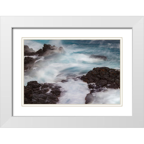 Waves crashing over lava rocks on shoreline of Espanola Island-Galapagos Islands-Ecuador White Modern Wood Framed Art Print with Double Matting by Jones, Adam