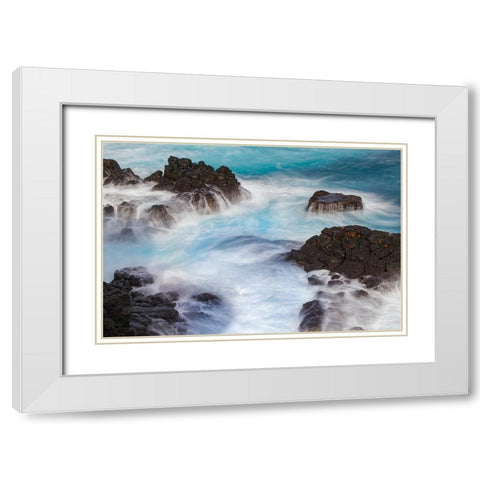 Waves crashing over lava rocks on shoreline of Espanola Island-Galapagos Islands-Ecuador White Modern Wood Framed Art Print with Double Matting by Jones, Adam