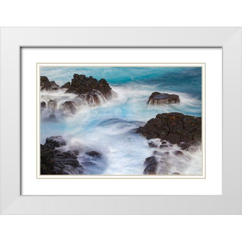 Waves crashing over lava rocks on shoreline of Espanola Island-Galapagos Islands-Ecuador White Modern Wood Framed Art Print with Double Matting by Jones, Adam