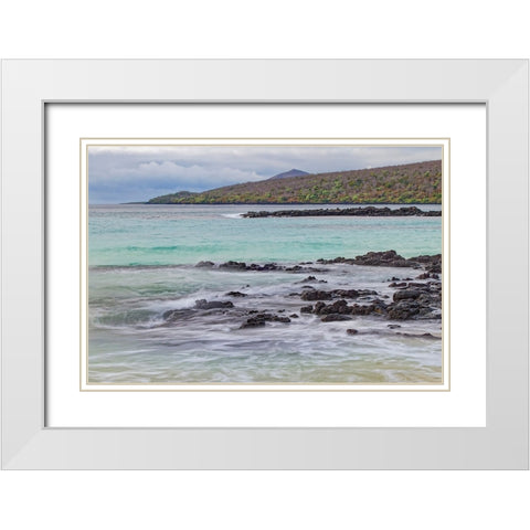 Small waves on lava rocks along shoreline of Floreana Island-Galapagos Islands-Ecuador White Modern Wood Framed Art Print with Double Matting by Jones, Adam