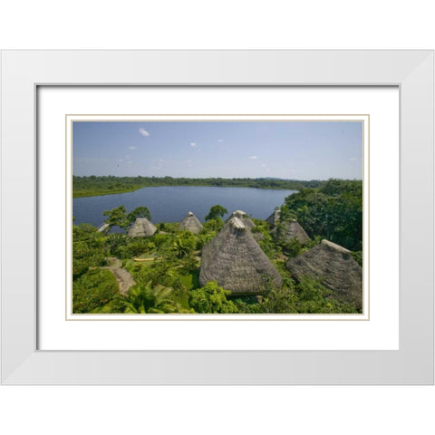 Ecuador, Napo Wildlife Center Huts and lake White Modern Wood Framed Art Print with Double Matting by Williams, Joanne