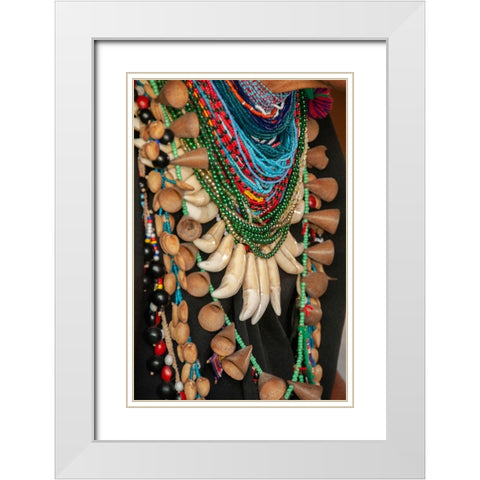 The elaborate regalia of a shaman in the Amazon jungle features jaguar teeth and beads. White Modern Wood Framed Art Print with Double Matting by Sederquist, Betty