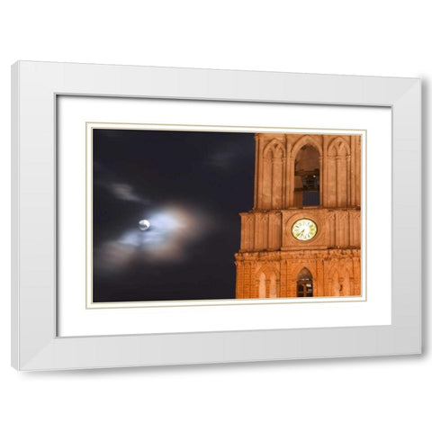 Mexico, Evening sky with moon and church clock White Modern Wood Framed Art Print with Double Matting by Rotenberg, Nancy