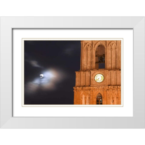 Mexico, Evening sky with moon and church clock White Modern Wood Framed Art Print with Double Matting by Rotenberg, Nancy