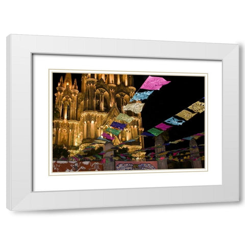 Mexico Festival banners in front of a church White Modern Wood Framed Art Print with Double Matting by Young, Bill