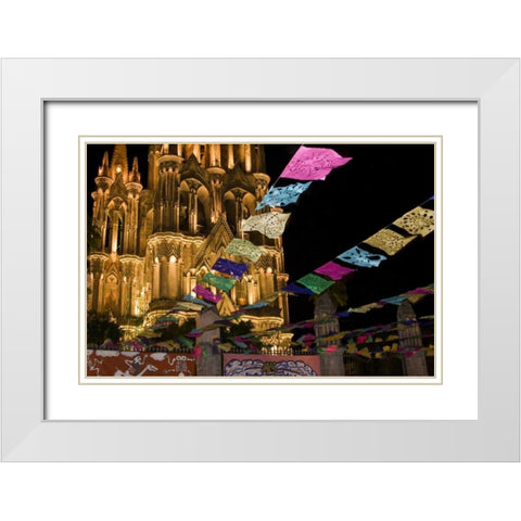 Mexico Festival banners in front of a church White Modern Wood Framed Art Print with Double Matting by Young, Bill