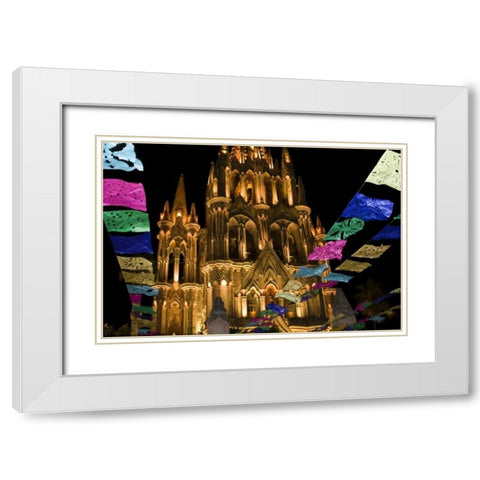 Mexico Festival banners in front of a church White Modern Wood Framed Art Print with Double Matting by Young, Bill