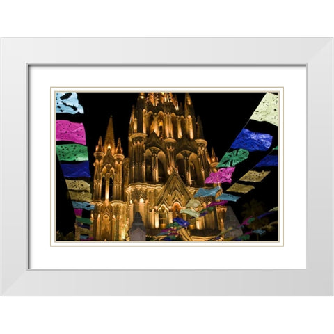 Mexico Festival banners in front of a church White Modern Wood Framed Art Print with Double Matting by Young, Bill