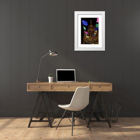 Mexico Festival banners in front of a church White Modern Wood Framed Art Print with Double Matting by Young, Bill