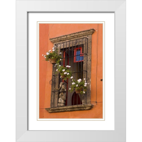 Mexico Flower pots decorate window White Modern Wood Framed Art Print with Double Matting by Young, Bill