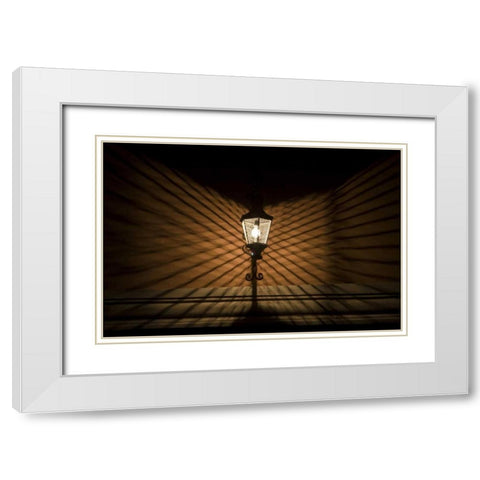 Mexico Wire cage lamp at night creates shadows White Modern Wood Framed Art Print with Double Matting by Young, Bill