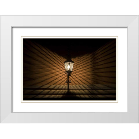 Mexico Wire cage lamp at night creates shadows White Modern Wood Framed Art Print with Double Matting by Young, Bill