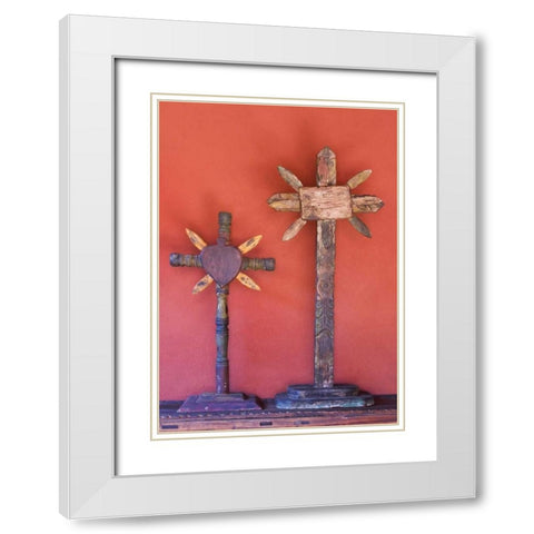 Mexico Two wooden crosses against red wall White Modern Wood Framed Art Print with Double Matting by Young, Bill