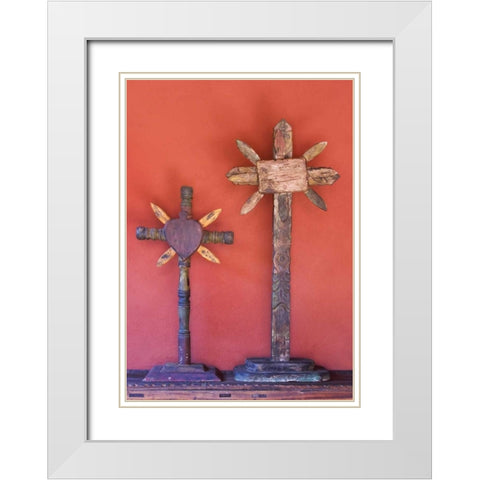 Mexico Two wooden crosses against red wall White Modern Wood Framed Art Print with Double Matting by Young, Bill