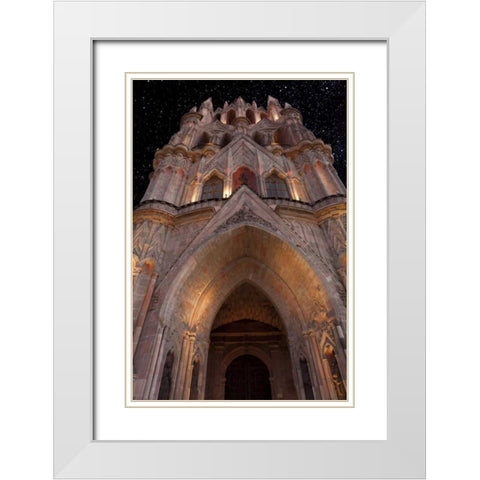 Mexico La Parroquia cathedral at night White Modern Wood Framed Art Print with Double Matting by Paulson, Don
