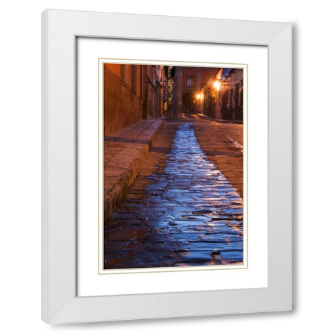 Mexico Lanterns reflect on cobblestone street White Modern Wood Framed Art Print with Double Matting by Rotenberg, Nancy