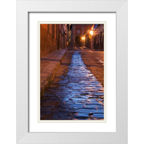 Mexico Lanterns reflect on cobblestone street White Modern Wood Framed Art Print with Double Matting by Rotenberg, Nancy