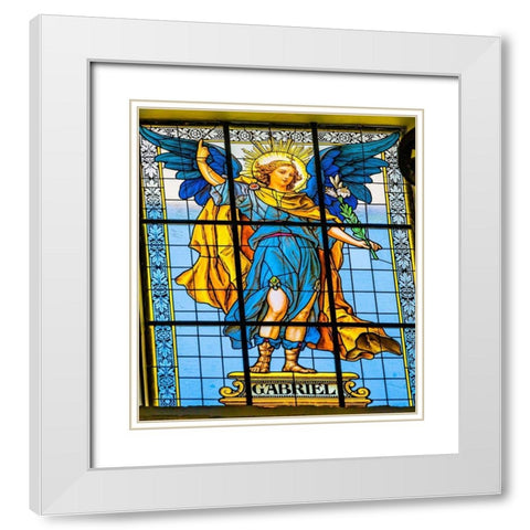 Colorful Archangel Gabriel Stained glass Cathedral Puebla-Mexico Built in 15 to 1600s White Modern Wood Framed Art Print with Double Matting by Perry, William