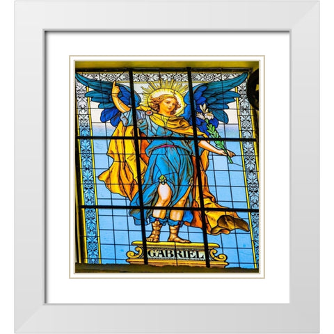 Colorful Archangel Gabriel Stained glass Cathedral Puebla-Mexico Built in 15 to 1600s White Modern Wood Framed Art Print with Double Matting by Perry, William