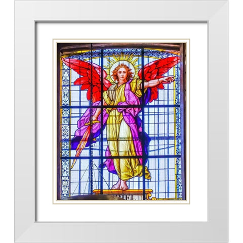 Colorful Archangel Uriel Stained glass Cathedral Puebla-Mexico Built in 15 to 1600s White Modern Wood Framed Art Print with Double Matting by Perry, William