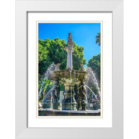Zocalo Park Plaza San Miguel Archangel Fountain Puebla-Mexico Fountain built in 1777 White Modern Wood Framed Art Print with Double Matting by Perry, William