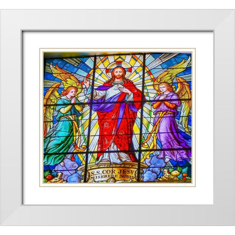 Colorful Jesus Archangels Stained glass Cathedral Puebla-Mexico Church built in 15 to 1600s White Modern Wood Framed Art Print with Double Matting by Perry, William