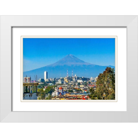 Overlook Buildings Churches Cityscape Volcano Mount Popocatepetl-Puebla-Mexico White Modern Wood Framed Art Print with Double Matting by Perry, William