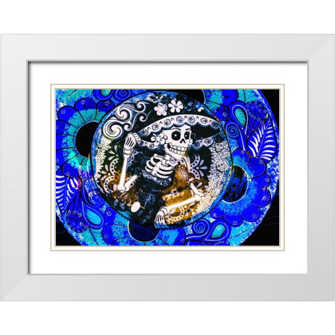 Colorful Mexican ceramic-Day of the Dead skeleton blue plate handicraft Los Cabos-Cabo San Lucas-Me White Modern Wood Framed Art Print with Double Matting by Perry, William