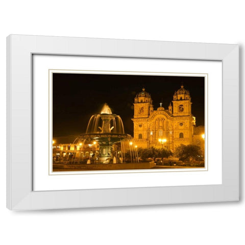 Peru, Cusco, Fountain and Cathedral of Cusco White Modern Wood Framed Art Print with Double Matting by Kirkland, Dennis