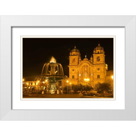 Peru, Cusco, Fountain and Cathedral of Cusco White Modern Wood Framed Art Print with Double Matting by Kirkland, Dennis