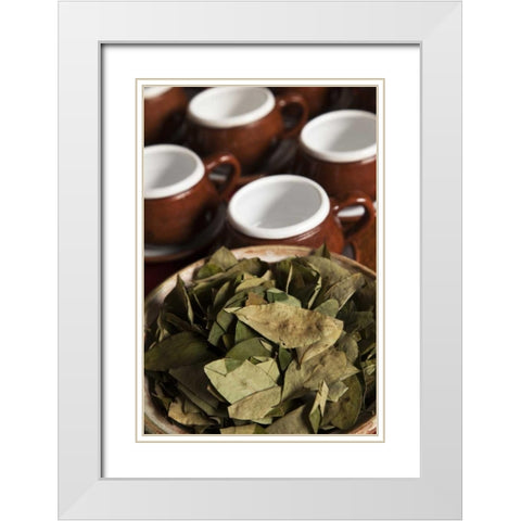 Peru, Cuzco Bowl of coca leaves and tea cups White Modern Wood Framed Art Print with Double Matting by Kaveney, Wendy