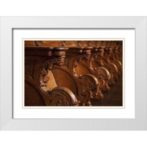 Peru, Lima, Detail of wood seats in the cathedral White Modern Wood Framed Art Print with Double Matting by Kaveney, Wendy