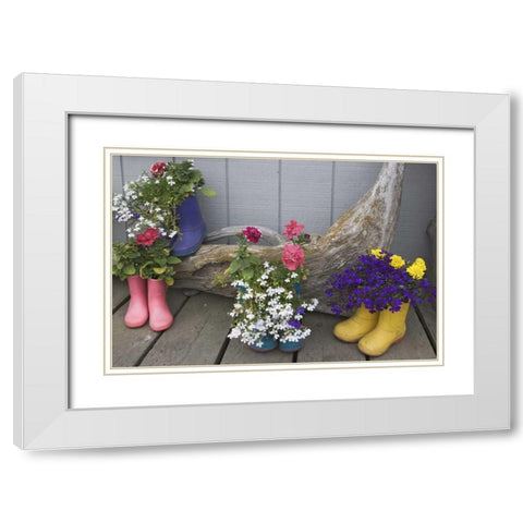 Alaska, Homer Rubber boots used as flower pots White Modern Wood Framed Art Print with Double Matting by Flaherty, Dennis