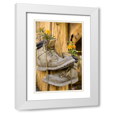 AK, Talkeetna Hiking boots planted with flowers White Modern Wood Framed Art Print with Double Matting by Kaveney, Wendy