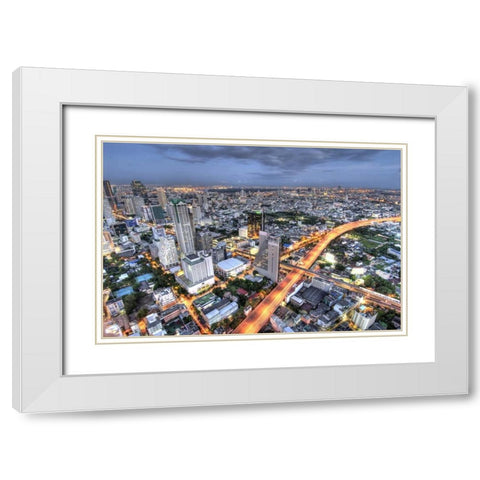 Thailand, Bangkok Overview of city at dusk White Modern Wood Framed Art Print with Double Matting by Shimlock, Jones