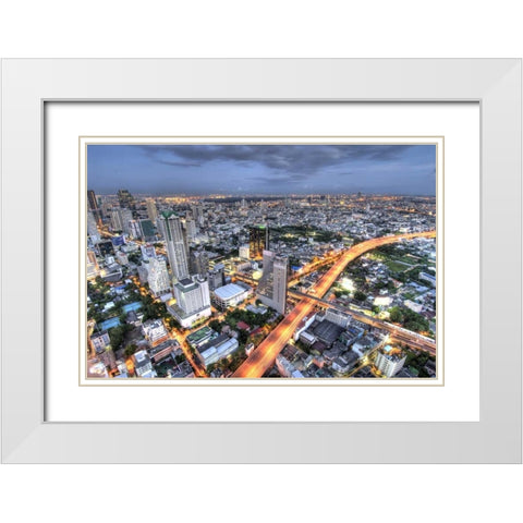 Thailand, Bangkok Overview of city at dusk White Modern Wood Framed Art Print with Double Matting by Shimlock, Jones