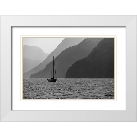 Alaska-Tongass National Forest BandW of sailboat in Lisianski Inlet  White Modern Wood Framed Art Print with Double Matting by Jaynes Gallery