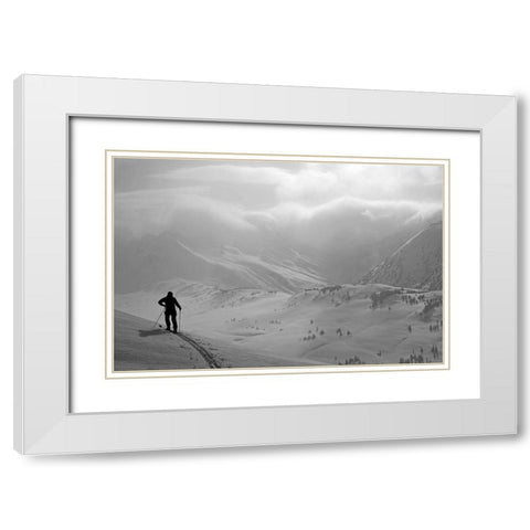 Backcountry Skier Standing On A Ridge In Turnagain Pass, Southcentral, Alaska (Mr) White Modern Wood Framed Art Print with Double Matting by Design Pics