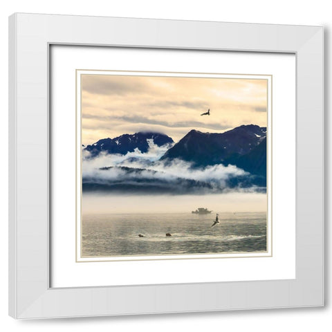 Fishing boat in Kenai Peninsula surrounded by mountains and wildlife White Modern Wood Framed Art Print with Double Matting by Muir, Janet