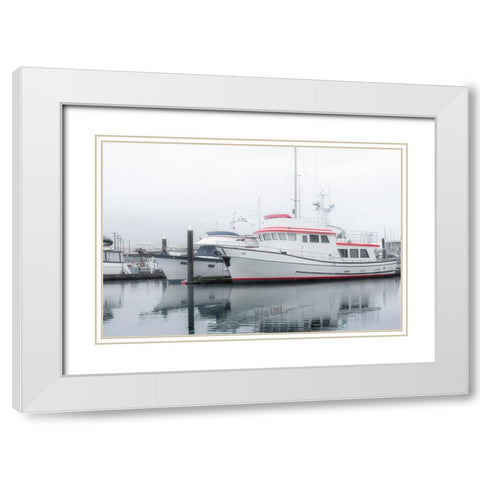 Alaska- Valdez. Two fishing boat in a foggy marina. White Modern Wood Framed Art Print with Double Matting by Muir, Janet