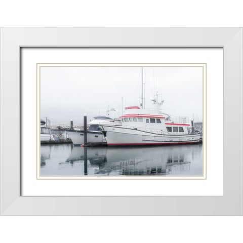 Alaska- Valdez. Two fishing boat in a foggy marina. White Modern Wood Framed Art Print with Double Matting by Muir, Janet