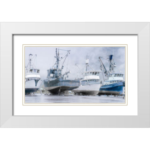 Alaska- Valdez. Fishing boats on dry dock. Artistic rendering. White Modern Wood Framed Art Print with Double Matting by Muir, Janet